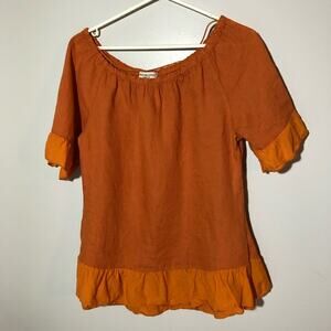 Terzo Millennio Italy womens L orange linen  top short sleeve ruffle detail